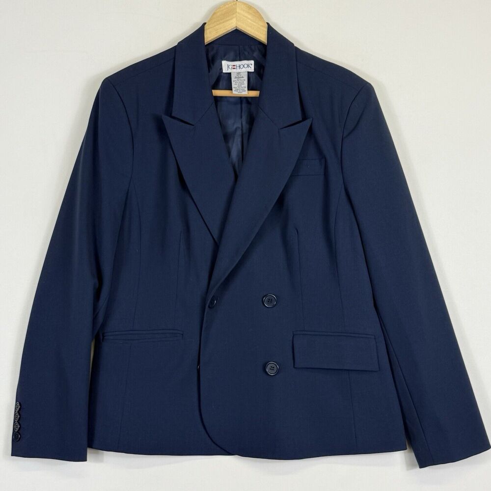 J.G. Hook Vintage Navy Blue Double Breasted‎ Blazer Jacket Women's 14 Petite